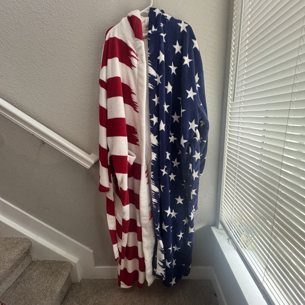 RARE Alexander Del Rossa American Flag Hooded Plush Long Robe like ROCKY! 1x/2x